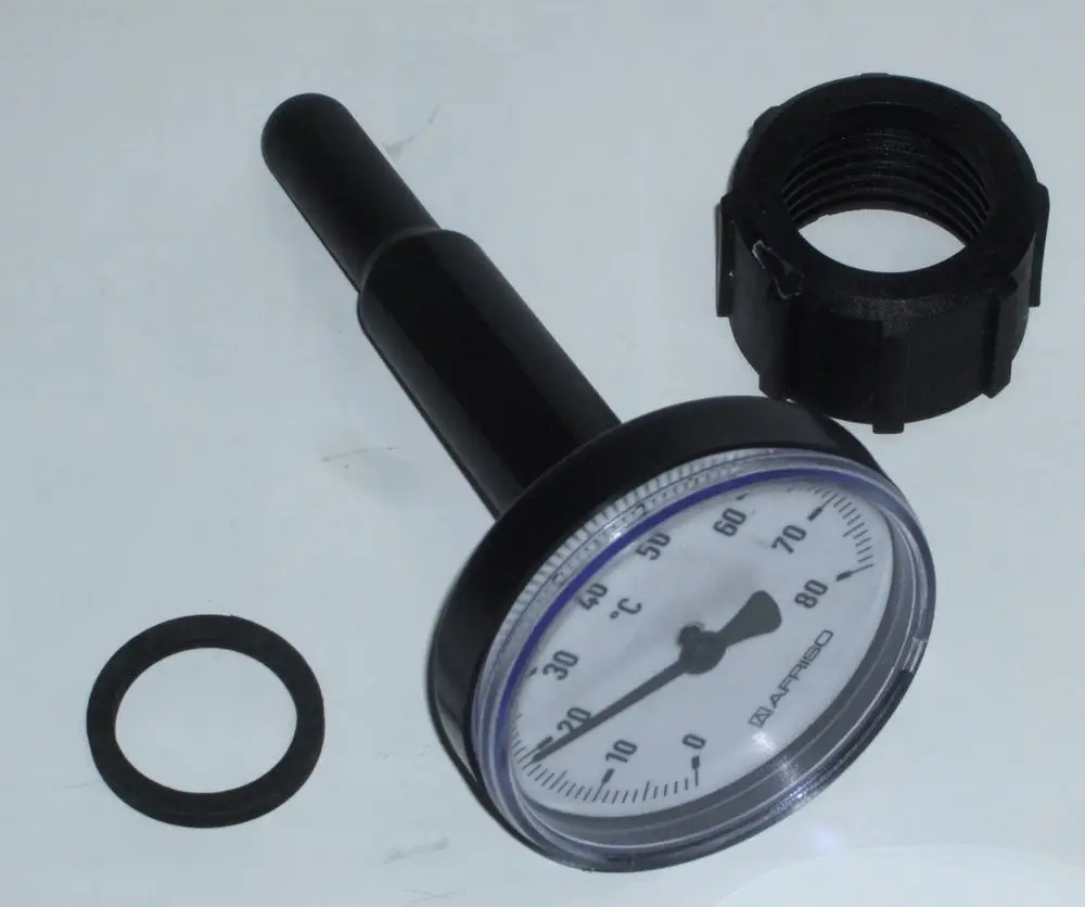 Thermometer mit Skala für Temperaturmessung, montierbar an einem Speicher. Enthält eine Gummidichtung und einen Befestigungsring. Marke: Daikin.